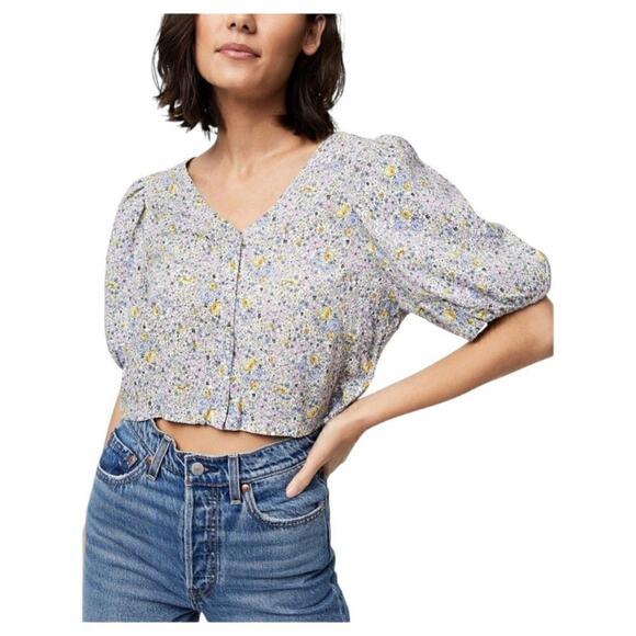 Levi's Multicolor Floral Print Puff Sleeve Cropped Holly Button Blouse Size M - Picture 1 of 9